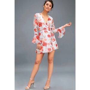 Lulus Long Sleeve Wrap Dress Orange Floral Fall Short Dress Ruffles Fairy XL